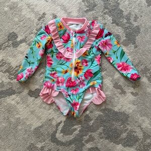 Pink and Blue One Piece Swimwear with Ruffled Details